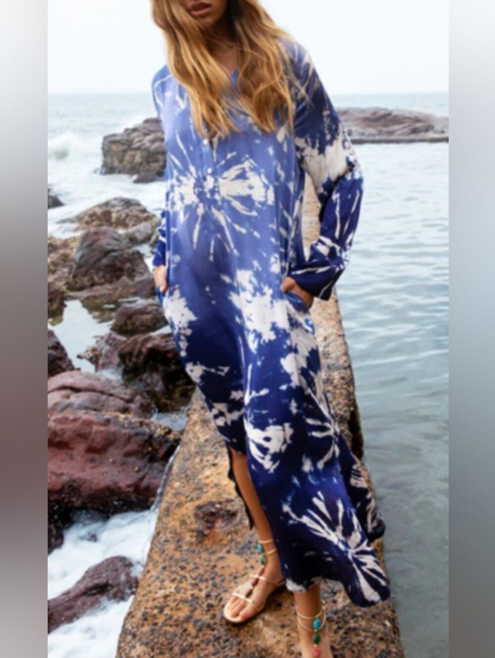 Blue Ombre Tie-Dye LLEW Maxi Dress - Women's Long Sleeve SZ. XS. Like New.